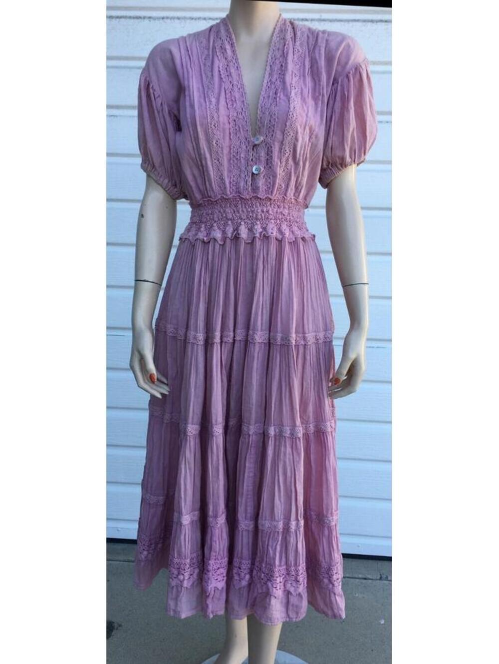 Jen's Pirate Booty Boho Victorian Lace Tiered Gauze Midi Dress Lilac sz M
